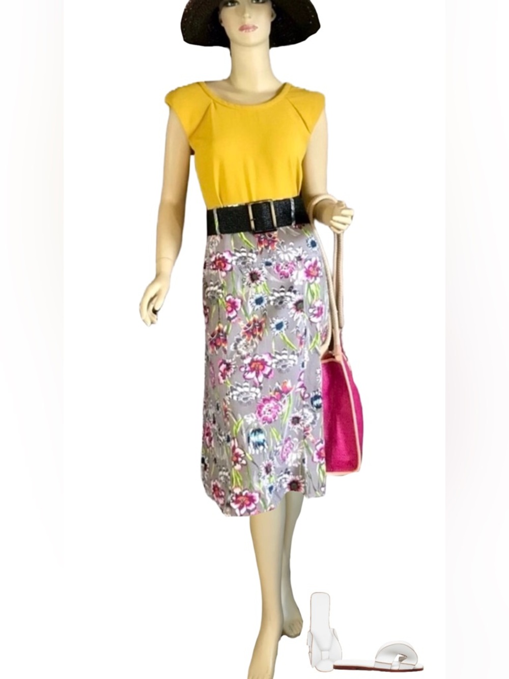 FOR CYNTHIA GRAY & PINK FLORAL PRINT SKIRT & BELT (SP)